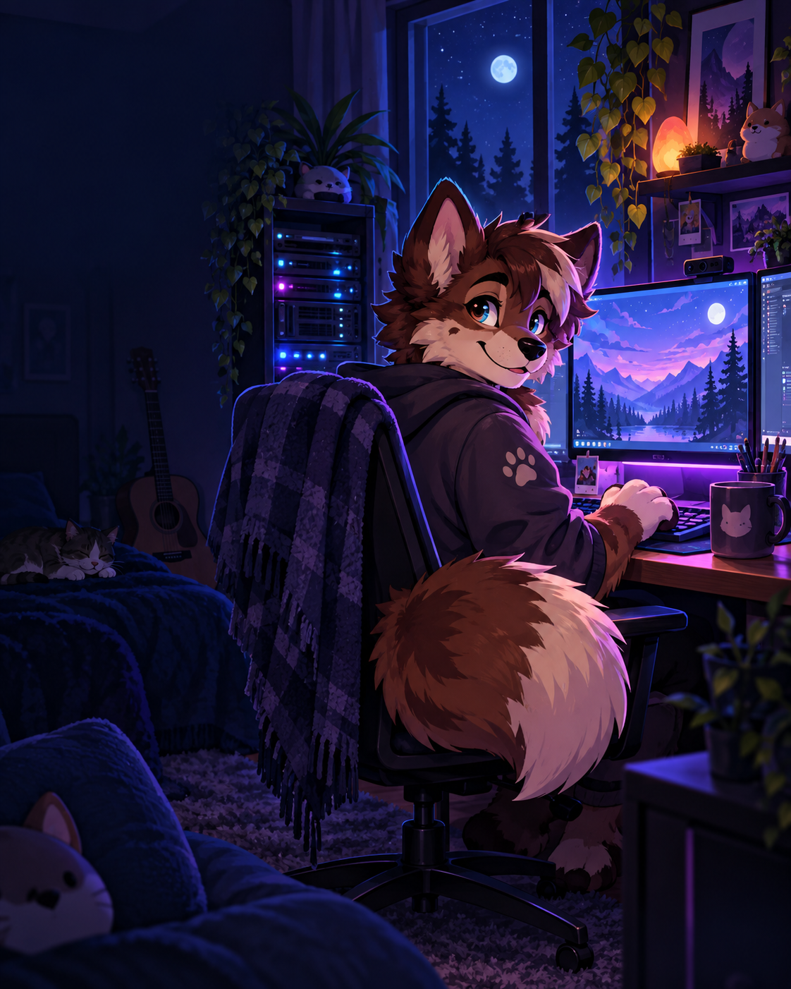 Fudge working at a computer beside a glowing home server